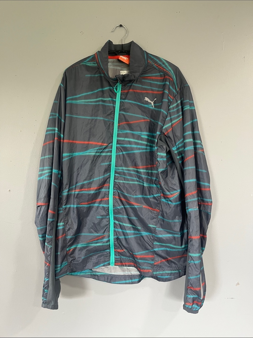 Puma Gray Windbreaker with Teal and Red Stripes Medium